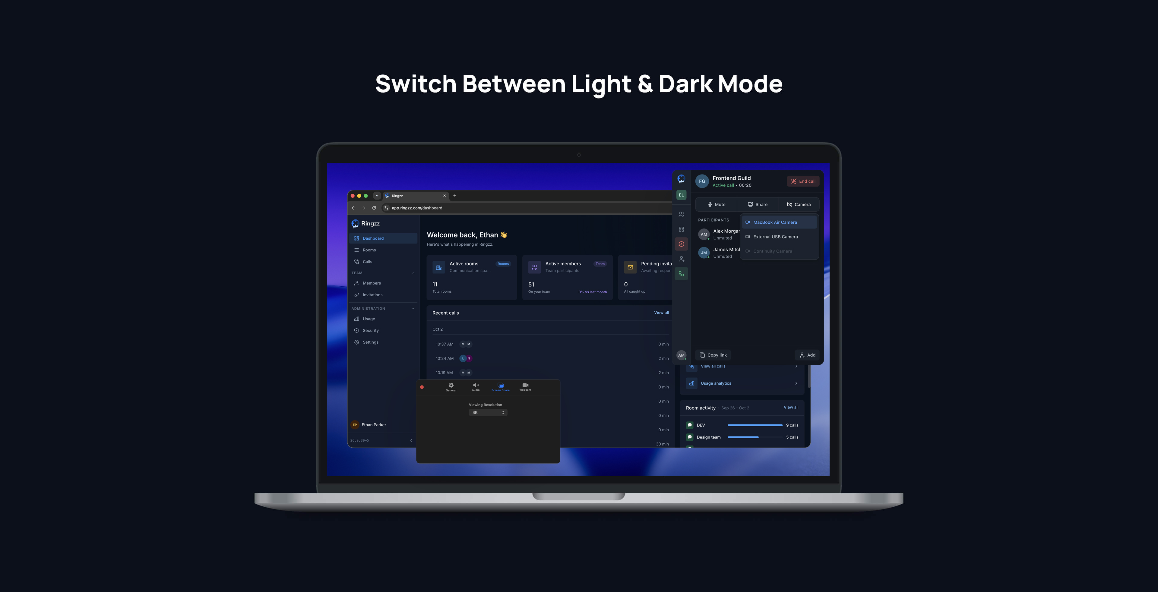 Ringzz dashboard and call controls in dark mode