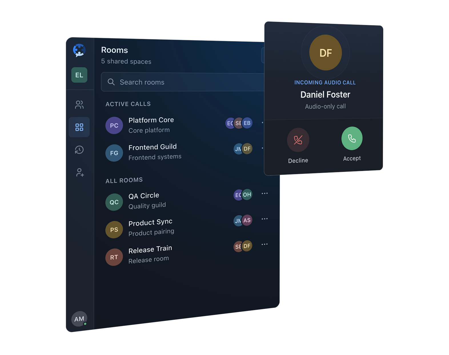 Ringzz team rooms and an incoming audio call