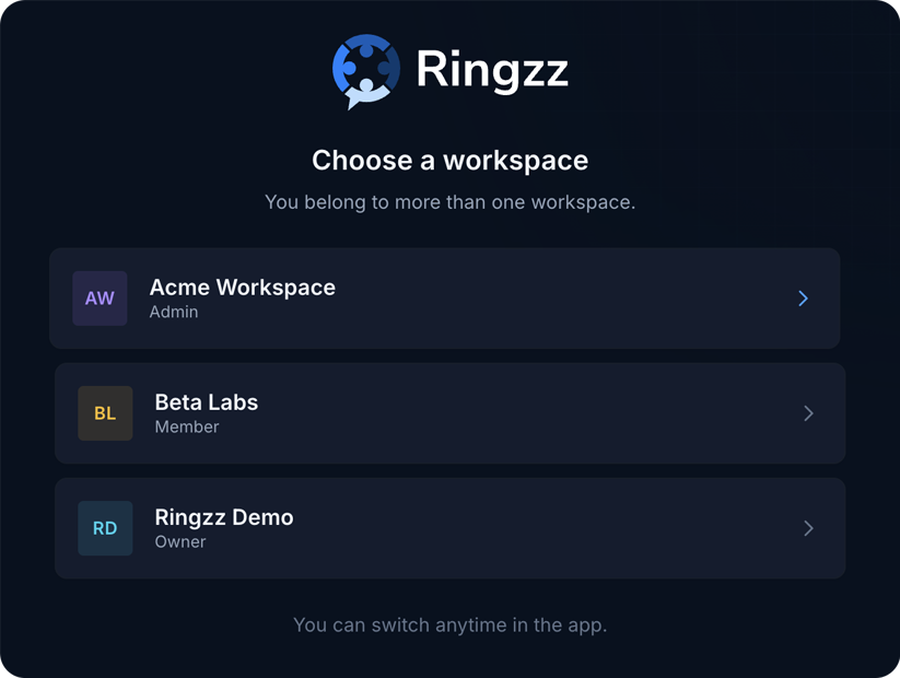 Choose a Ringzz workspace in dark mode